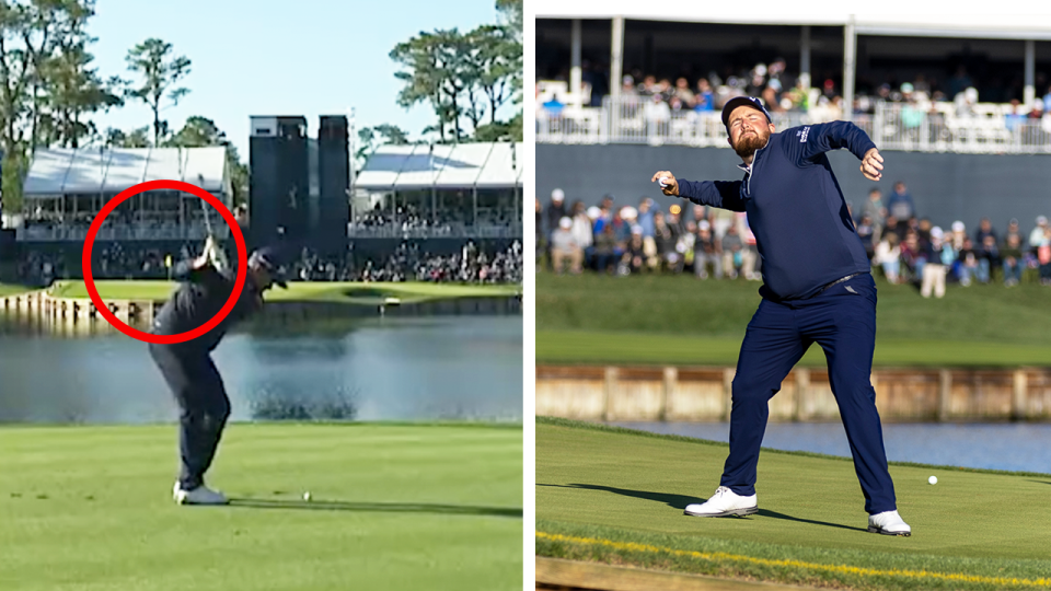 Shane Lowry (pictured left) hits a hole-in-one on the 17th at Sawgrass and (pictured right) celebrating.