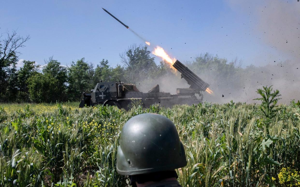 Members of the Ukrainian 110th Separate Mechanized Brigade fire a rocket launcher at Russian positions - NYTNS/Redux/eyevine