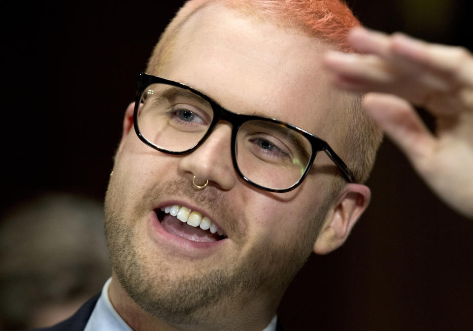 Christopher Wylie testifies during a hearing before the Senate Judiciary Committee on Cambridge Analytica at Capitol Hill, Wednesday, May 16, 2018, in Washington. ( AP Photo/Jose Luis Magana)