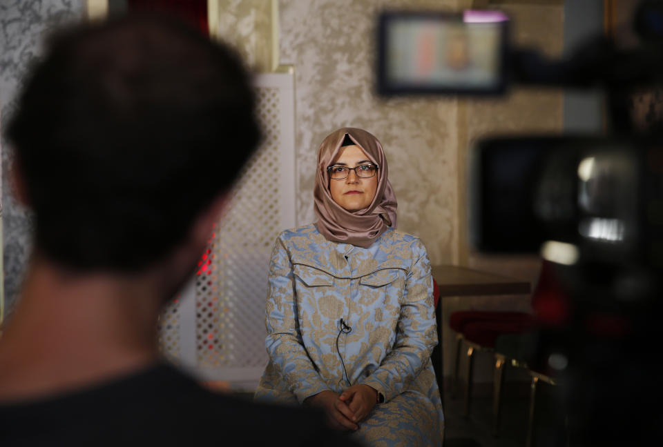 Hatice Cengiz, the fiancee of slain Saudi journalist Jamal Kashoggi talks to The Associated Press in Istanbul, Tuesday, Oct. 1, 2019. Speaking on the eve of the anniversary of his death, Cengiz said she feels apprehensive about returning to the site where he was killed for a commemorative ceremony but takes strength from the fact that she will not be alone. Cengiz said: "Last year, I waited for Jamal alone. This year the whole world will be waiting with me for Jamal, and for justice for Jamal''. (AP Photo/Lefteris Pitarakis)