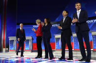 From left, former Vice President Joe Biden, Sen. Elizabeth Warren, D-Mass., Sen. Kamala Harris, D-Calif., entrepreneur Andrew Yang, and former Texas Rep. Beto O'Rourke are introduced for the Democratic presidential primary debate hosted by ABC on the campus of Texas Southern University Thursday, Sept. 12, 2019, in Houston. (AP Photo/Eric Gay)