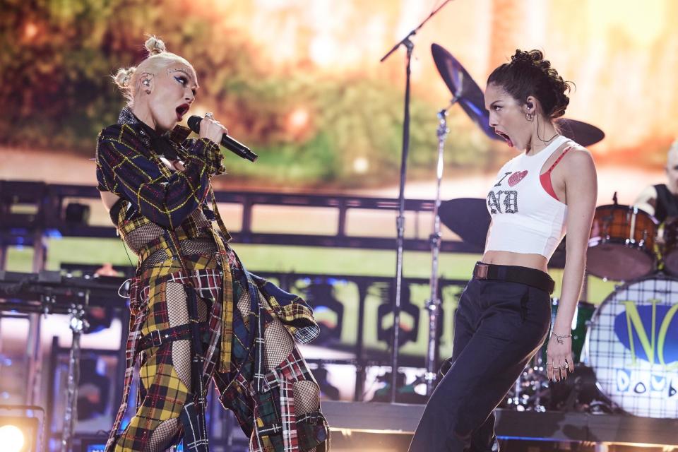 Gwen Stefani of No Doubt and Olivia Rodrigo perform at the Coachella Stage during the 2024 Coachella Valley Music and Arts Festival at Empire Polo Club on April 13, 2024 in Indio, California.  / Credit: John Shearer/Getty Images for No Doubt