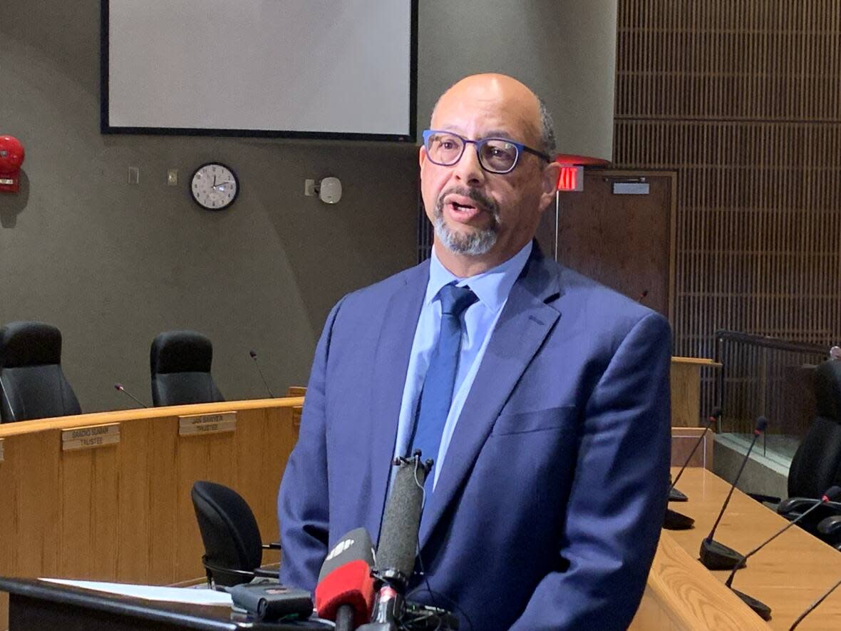 Kent Pharis, assistant superintendent of Edmonton Public Schools and co-chair of its Anti-racism and Equity Steering Committee, presented a preliminary report on an extended demographic data survey at a school board meeting on Tuesday.  (Janet French/CBC - image credit)