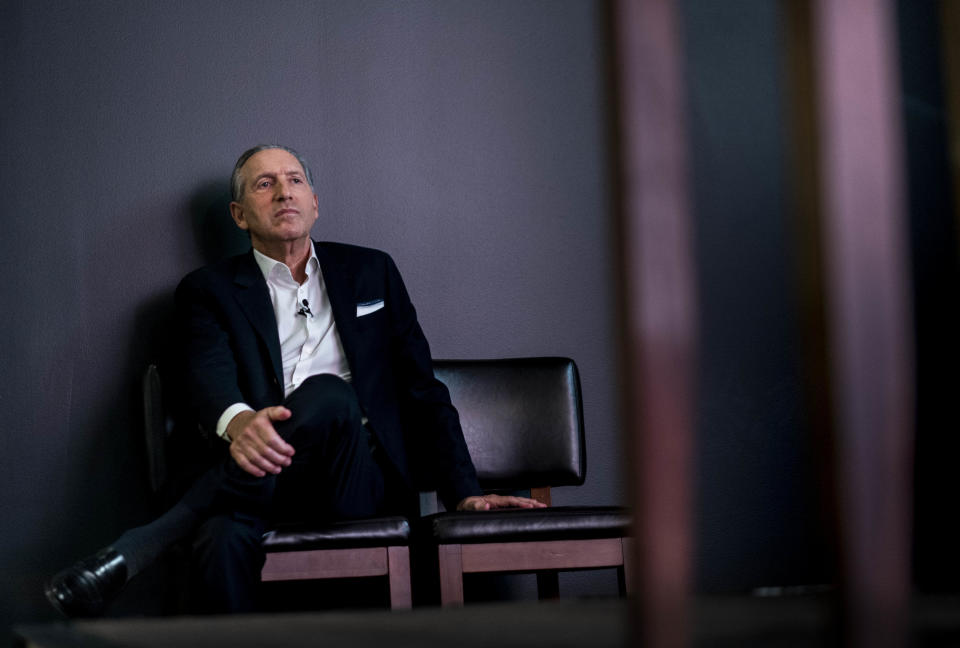 SEATTLE, WASHINGTON - SEPTEMBER 13, 2022: 
CEO of Starbucks Howard Schultz sits off stage to listen to soon to be Starbucks CEO Laxman Narasimhan at Investor Day in Seattle, Washington Tuesday September 13, 2022. (Melina Mara/The Washington Post via Getty Images)