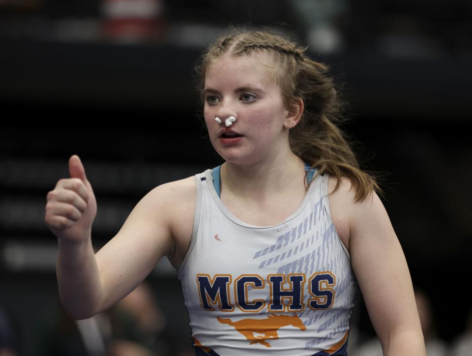 Mountain Crest’s Charley Parker gives a thumbs up after beating Snow Canyon’s Lydia White in 4A State Championships at Utah Valley University in Orem on Wednesday, Feb. 14, 2024. | Laura Seitz, Deseret News