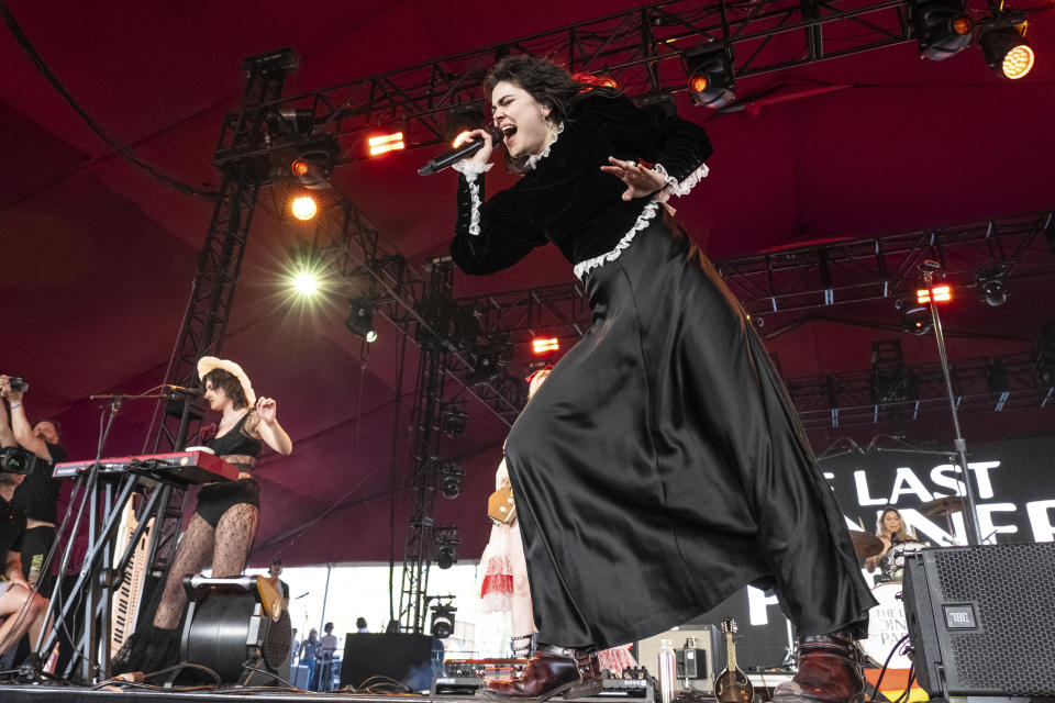 Abigail Morris of The Last Dinner Party performs during the the first weekend of the Coachella Valley Music and Arts Festival at the Empire Polo Club on Saturday, April 13, 2024, in Indio, Calif. (Photo by Amy Harris/Invision/AP)