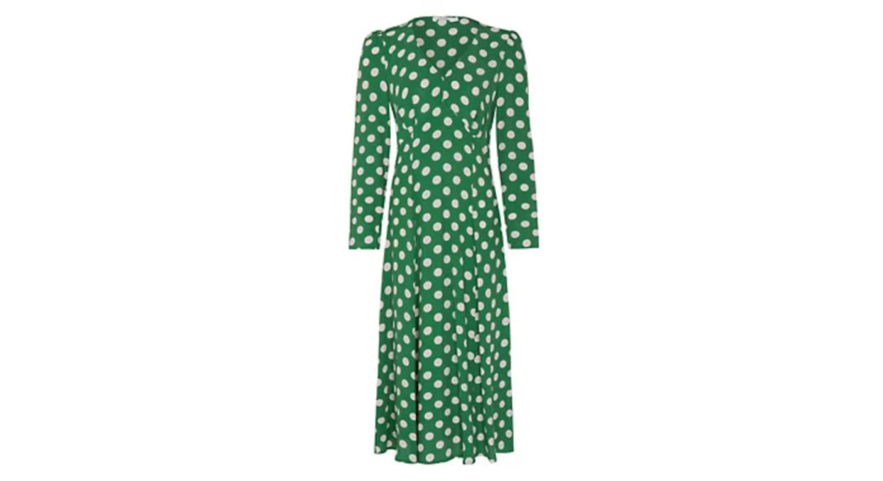 FINERY LONDON Crepe Polka Dot V-Neck Midi Tea Dress