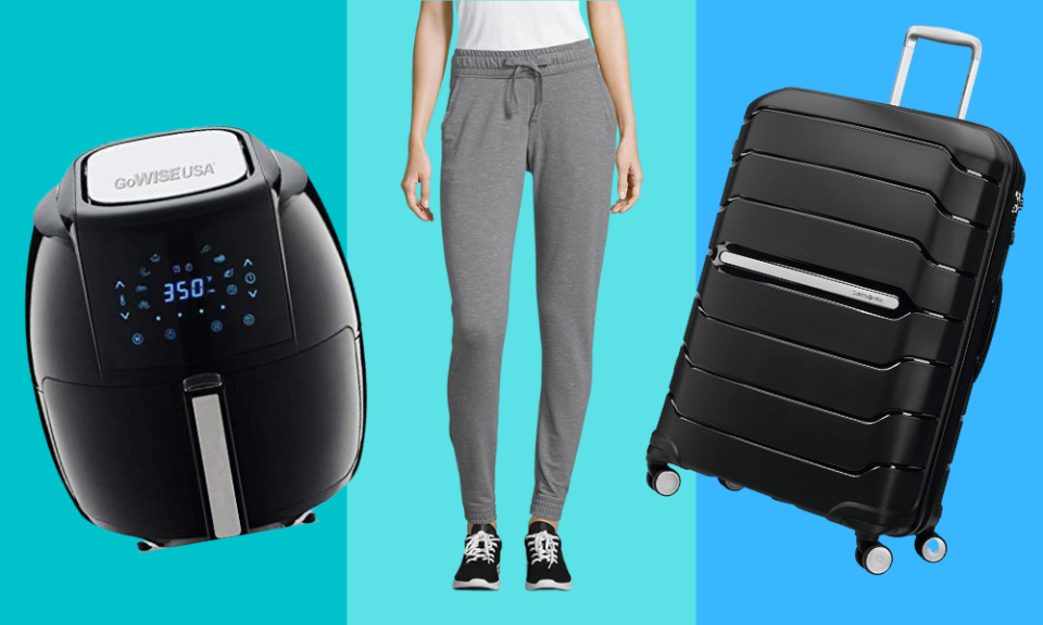 air fryer, sweatpants, suitcase