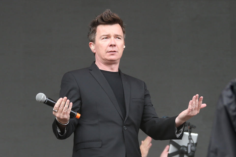 Rick Astley performs on the MTV stage as part of the V Festival at Hylands Parks, Chelmsford, Saturday, Aug 20, 2016. (Joel Ryan/Invision/Ap)