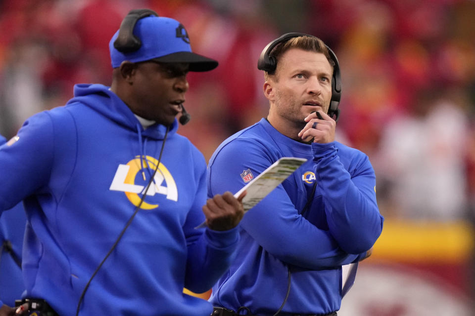 Los Angeles Rams head coach Sean McVay, right, watches from the sideline during the first half of an NFL football game against the Kansas City Chiefs Sunday, Nov. 27, 2022, in Kansas City, Mo. (AP Photo/Charlie Riedel)