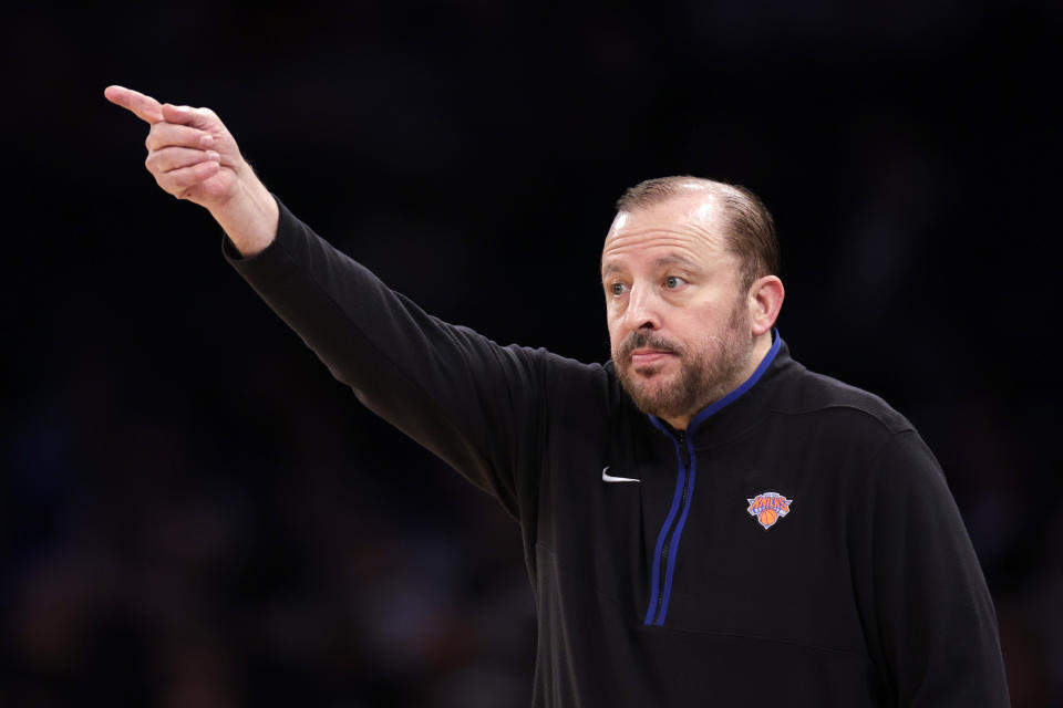 New York Knicks head coach Tom Thibodeau directs his team against the Milwaukee Bucks during the first half of an NBA basketball game Wednesday, Nov. 30, 2022, in New York. (AP Photo/Adam Hunger)