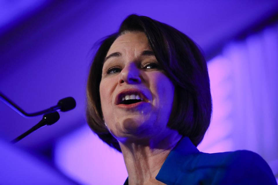 Democratic presidential candidate Sen. Amy Klobuchar, D-Minn speaks at the First in the South Dinner, Monday, Feb. 24, 2020, in Charleston, S.C. (AP Photo/Matt Rourke)