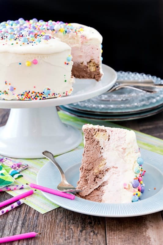 <p>Pastry Chef Online</p><p>This cake is layered and frosted with no-churn cream. Delicious.</p><p><strong>Get the recipe: <a href="https://pastrychefonline.com/neapolitan-no-churn-ice-cream-cake/" rel="nofollow noopener" target="_blank" data-ylk="slk:Neapolitan No-Churn Ice Cream Cake;elm:context_link;itc:0;sec:content-canvas" class="link ">Neapolitan No-Churn Ice Cream Cake</a></strong></p>
