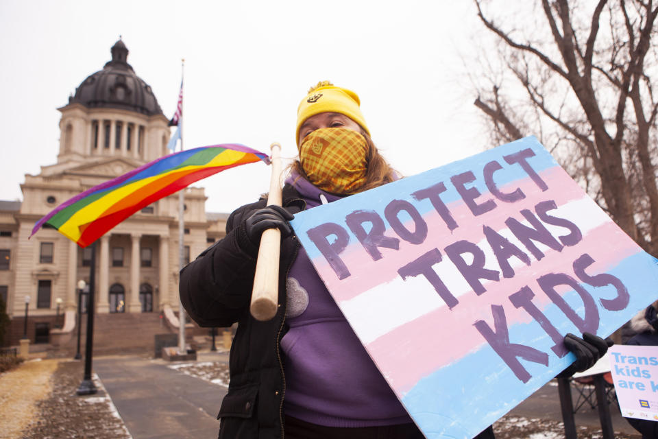 People protest a bill that would bar transgender girls from playing on sports team that match their gender identity outside the state capitol in Pierre, S.D., on Jan. 15, 2022. (Toby Brusseau / AP for Human Rights Campaign)