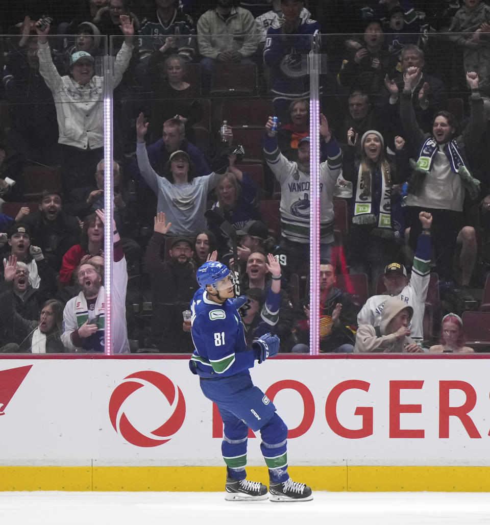 Vancouver Canucks' Dakota Joshua celebrates his goal against the San Jose Sharks during the first period of an NHL hockey game in Vancouver, British Columbia, Thursday, March 23, 2023. (Darryl Dyck/The Canadian Press via AP)