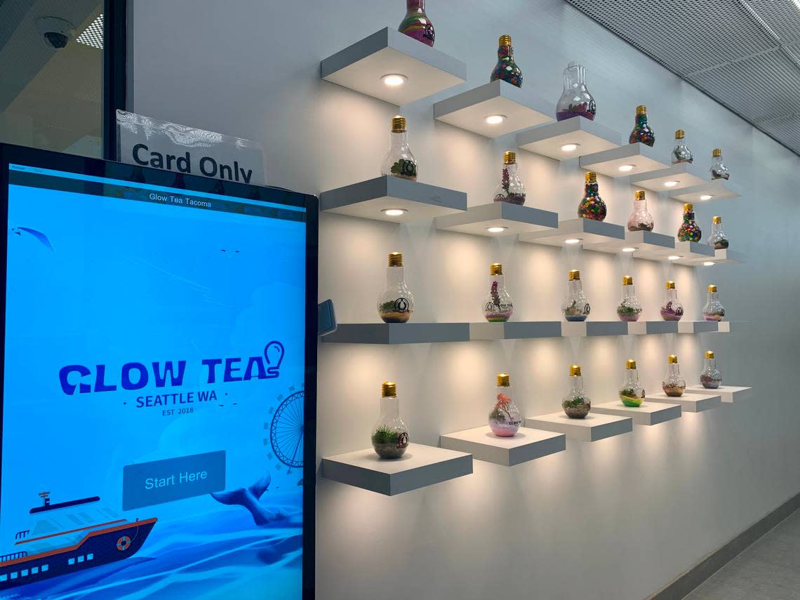 Glow Tea is now open at Tacoma Mall, serving boba and fruit teas in reusable light-bulb cups with a twist-on cap.