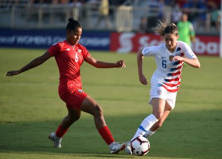 Oct 7, 2018; Cary, NC, USA; United States midfielder Morgan Brian (6) controls the ball in front of Panama midfielder Aldrith Quintero (6) during the first half of a 2018 CONCACAF Women's Championship soccer match at Sahlen's Stadium. Rob Kinnan-USA TODAY Sports