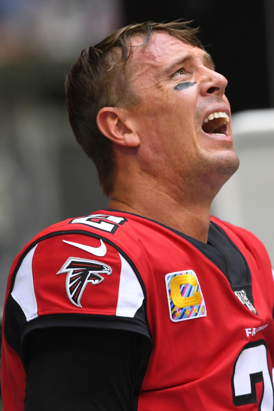 Atlanta Falcons quarterback Matt Ryan reacts as medical personel attend to him after injury against the Los Angeles Rams during the second half of an NFL football game, Sunday, Oct. 20, 2019, in Atlanta. (AP Photo/John Amis)