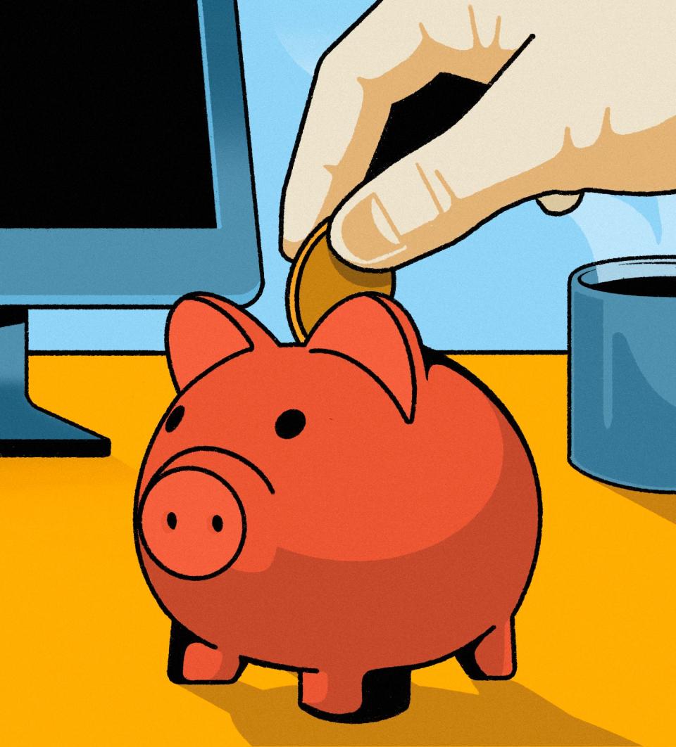 Remote worker putting coin in piggy bank