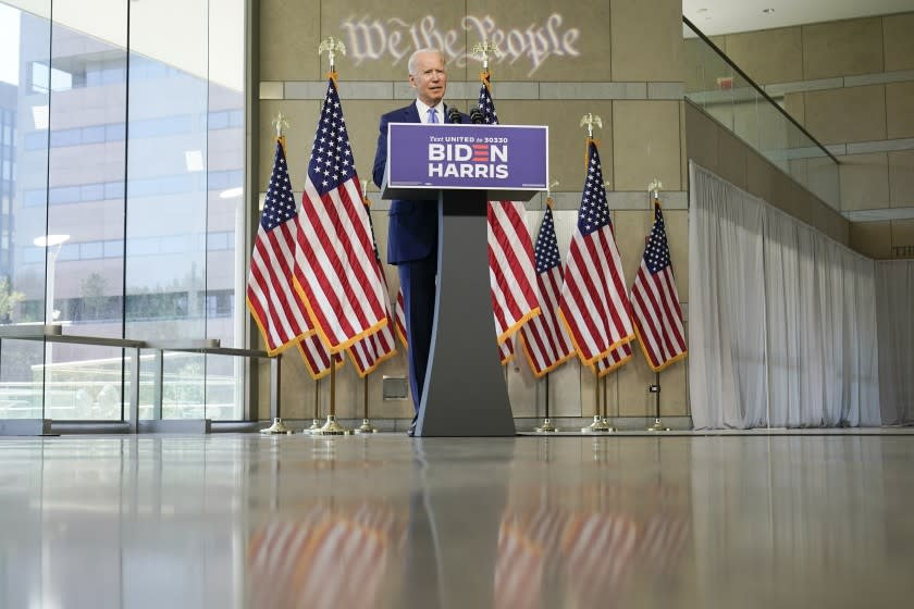 Democratic presidential candidate and former Vice President Joe Biden speaks at the Constitution Center in Philadelphia, Sunday, Sept. 20, 2020, about the Supreme Court. (AP Photo/Carolyn Kaster)