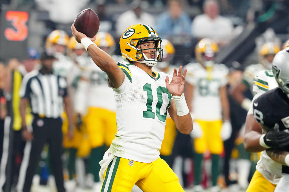 Oct 9, 2023; Paradise, Nevada, USA; Green Bay Packers quarterback Jordan Love (10) attempts a pass against the Las Vegas Raiders during the third quarter at Allegiant Stadium. Mandatory Credit: Stephen R. Sylvanie-USA TODAY Sports