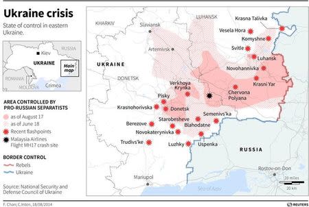 Map locating recent clashes between pro-Russian separatists and Ukrainian forces. RNGS Reuters