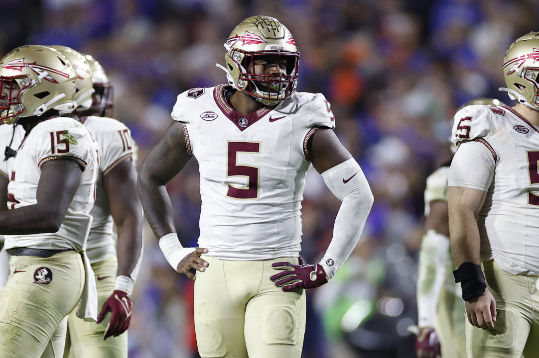 GAINESVILLE, FL - NOVEMBER 25: Florida State Seminoles defensive lineman Jared Verse (5) lines up for a play during the game between the Florida Gators and the Florida State Seminoles on November 25, 2023 at Ben Hill Griffin Stadium at Florida Field in Gainesville, Fl. (Photo by David Rosenblum/Icon Sportswire via Getty Images)