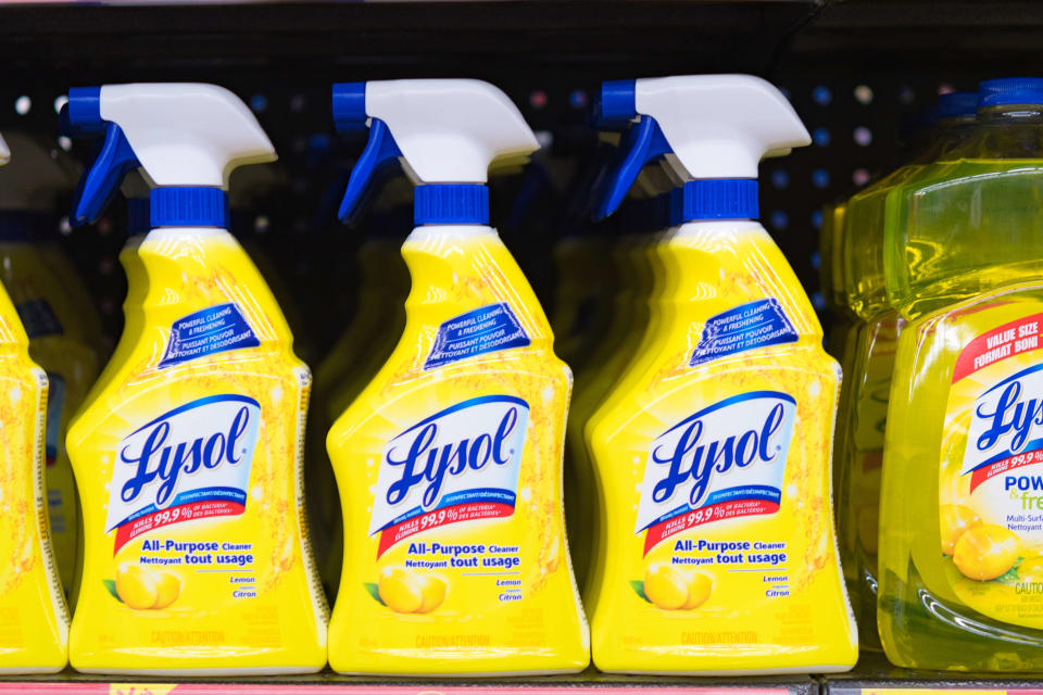 TORONTO, ONTARIO, CANADA - 2017/09/15: Lysol bottles on a store shelf, plastic spray bottles of all-purpose cleaner. The product is distributed by Reckitt Benckiser. (Photo by Roberto Machado Noa/LightRocket via Getty Images)
