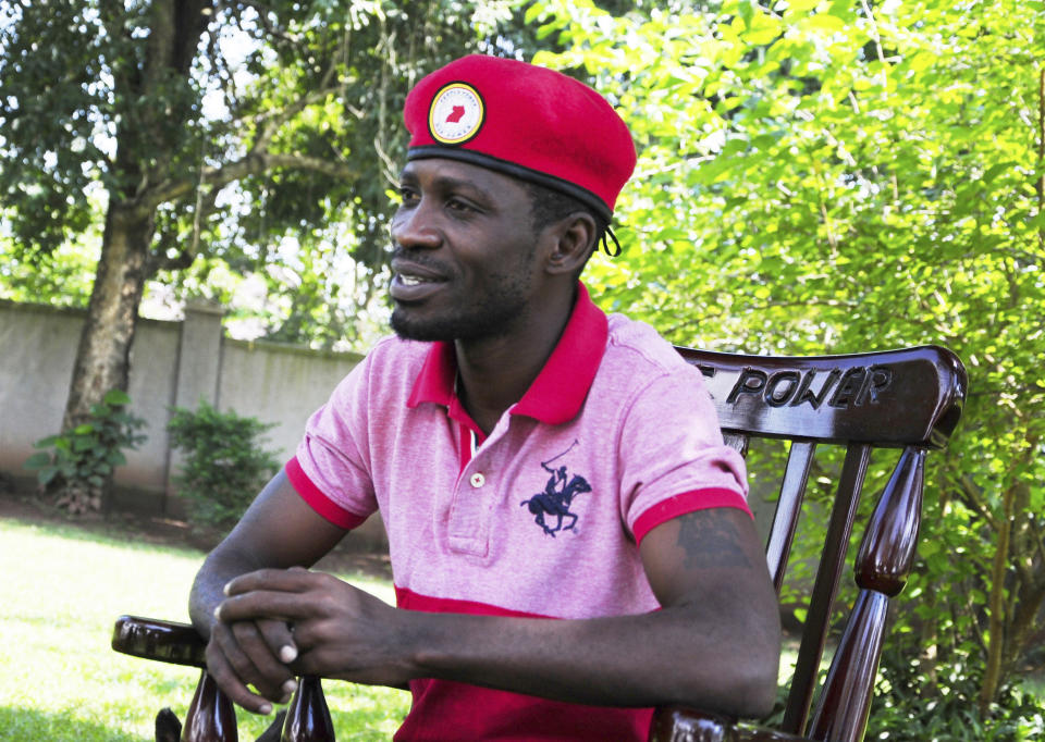 Pop star-turned-opposition lawmaker Bobi Wine, whose real name is Kyagulanyi Ssentamu, is seen while giving an interview to Associated Press at his home, in Magere in Kampala, Uganda, Monday, July 15, 2019. Bobi Wine, Uganda's pop star-turned-opposition leader, says he will challenge longtime President Yoweri Museveni in polls set for 2021. But Wine, says he is concerned about his safety.(AP Photo/Ronald Kabuubi)
