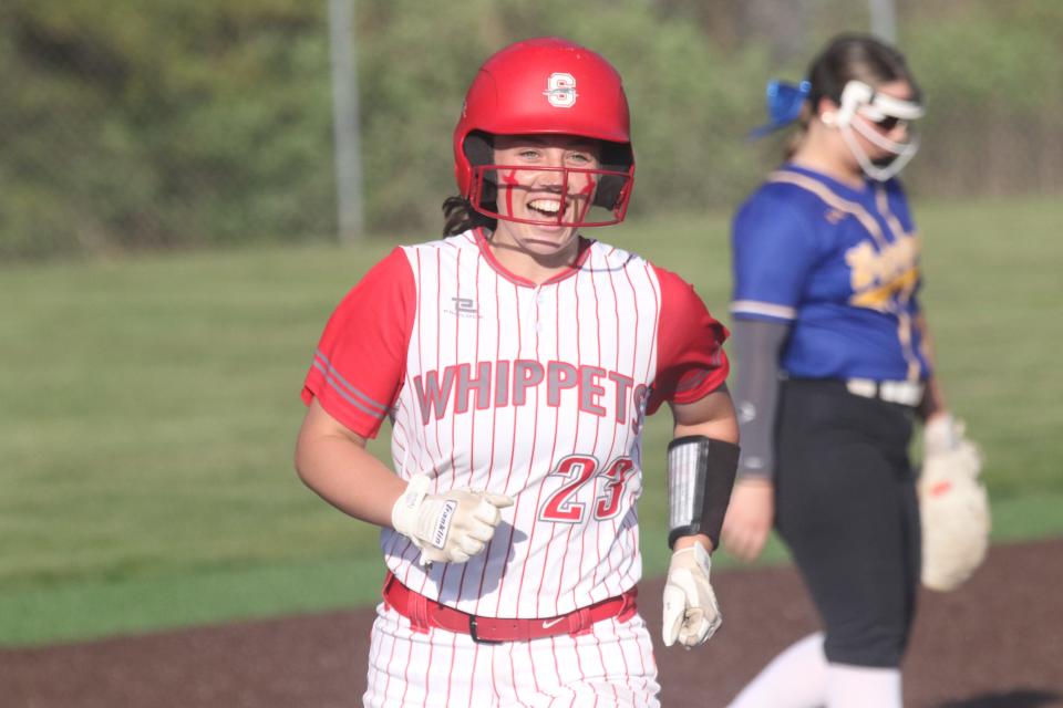 Shelby's Mallary Gundrum is all smiles as she trots around the bases after a sixth-inning home run during the Whippets' win over Ontario on Wednesday night.