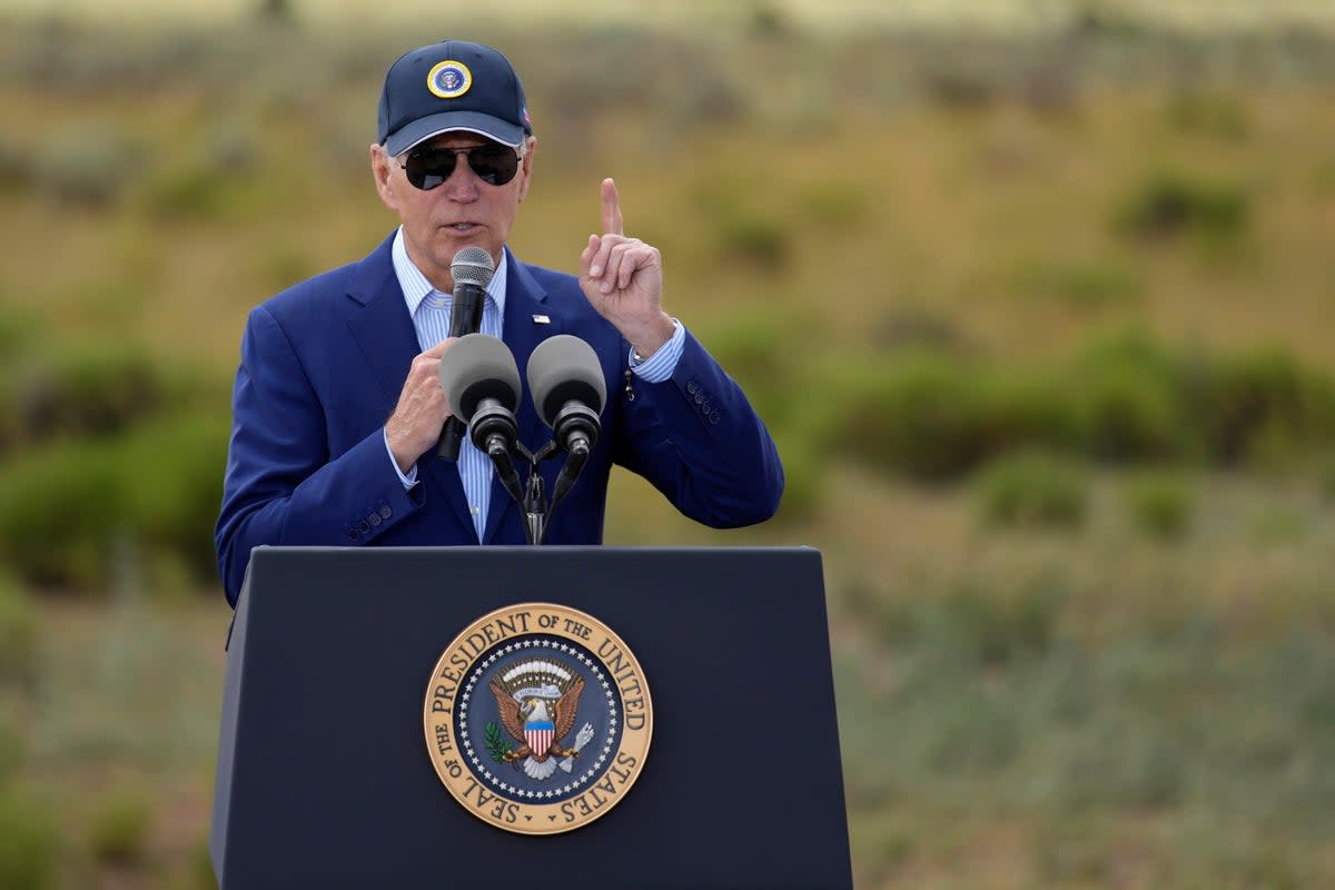 President Joe Biden speaks before signing a proclamation designating the Baaj Nwaavjo I'Tah Kukveni National Monument at the Red Butte Airfield Tuesday, Aug. 8, 2023, in Tusayan, Ariz. (AP Photo/John Locher) (AP)