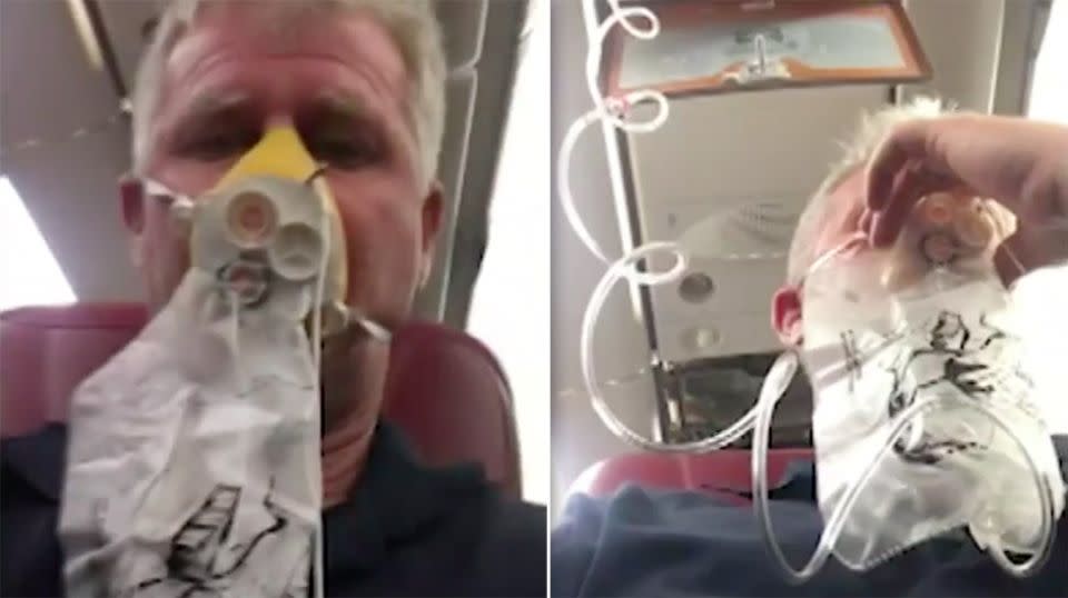 Passenger Roy Chant records the moment passengers were asked to put on oxygen masks. Source: 7 News