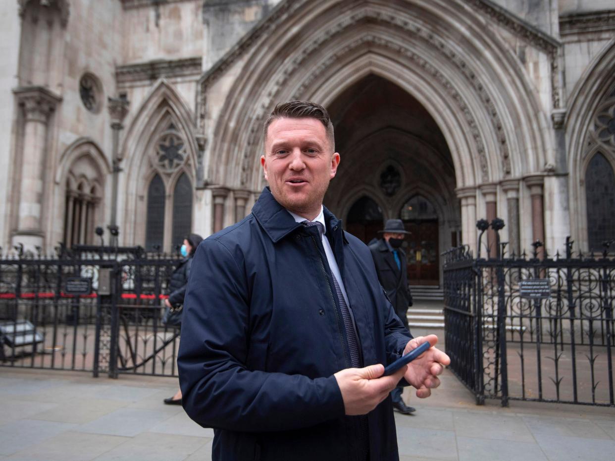 Tommy Robinson outside the Royal Courts of Justice, London, for the libel case brought against him by teenager Jamal Hijazi (Victoria Jones/PA)