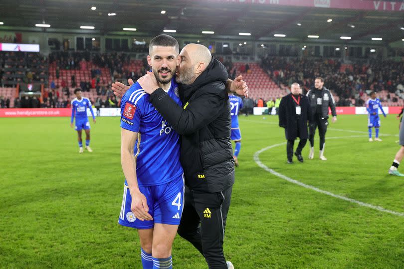 Conor Coady with Leicester City manager Enzo Maresca