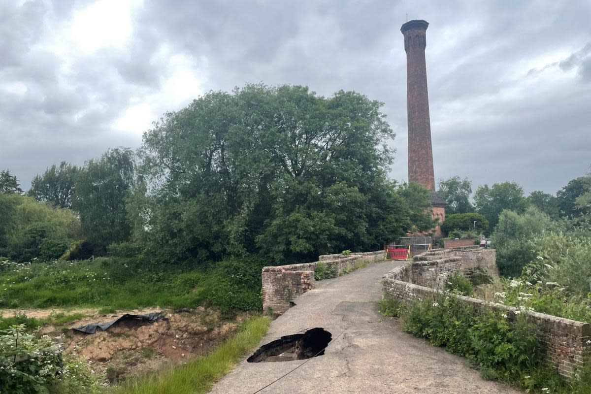 CLOSED: Powick Old Bridge, which has a gaping hole in it <i>(Image: James Connell/Newsquest)</i>