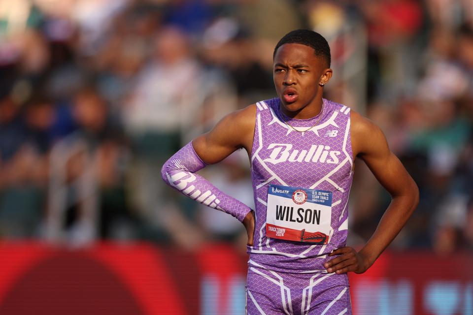 Quincy Wilson, who is 16 years old, looks on after competing in the men's 400 meter semi-final during the U.S. Olympic Team Trials.