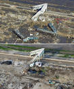 El tsunami arrasó la estación de Shinchi, en la Prefectura de Fukushima, y todo lo que había estacionado en sus alrededores. (AP Photo/Kyodo News)