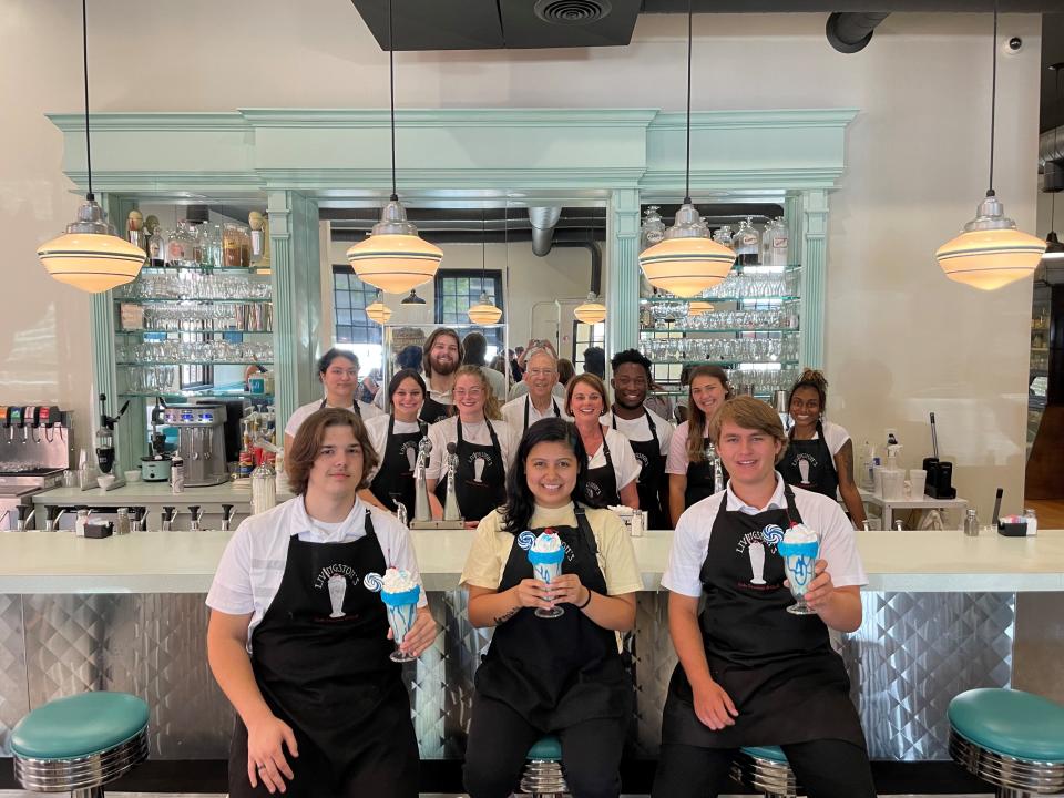 Livingston Soda Fountain and Grill staff with the new BlueOval City milkshake that debuted on Wednesday, July 27 at the Brownsville restaurant.