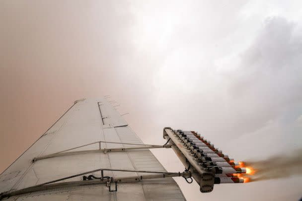 PHOTO: In this Aug. 24, 2022, file photo, hygroscopic flares are released during a cloud seeding flight operated by the National Center of Meteorology, between Al Ain and Al Hayer, in United Arab Emirates. (Amr Alfiky/Reuters, FILE)