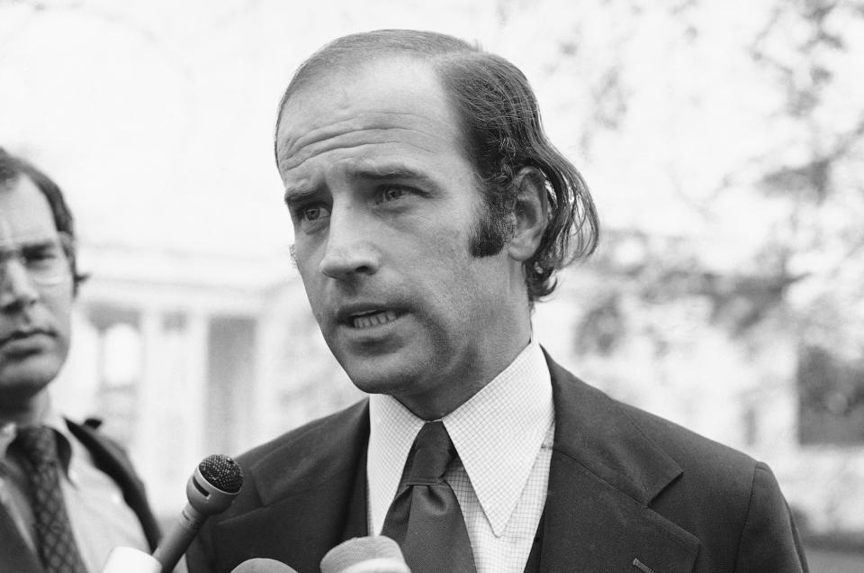 FILE - In this Dec. 12, 1972 file photo Joe Biden, the newly-elected Democratic Senator from Delaware, speaks in Washington. Biden has won the last few delegates he needed to clinch the Democratic nomination for president. (AP Photo/Henry Griffin, File)