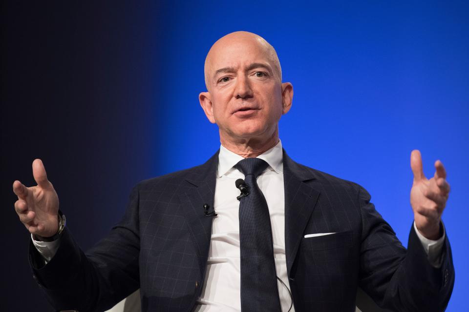 Amazon and Blue Origin founder Jeff Bezos provides the keynote address at the Air Force Association's Annual Air, Space & Cyber Conference in Oxen Hill, MD, on September 19, 2018. (Photo by Jim WATSON / AFP)        (Photo credit should read JIM WATSON/AFP via Getty Images)