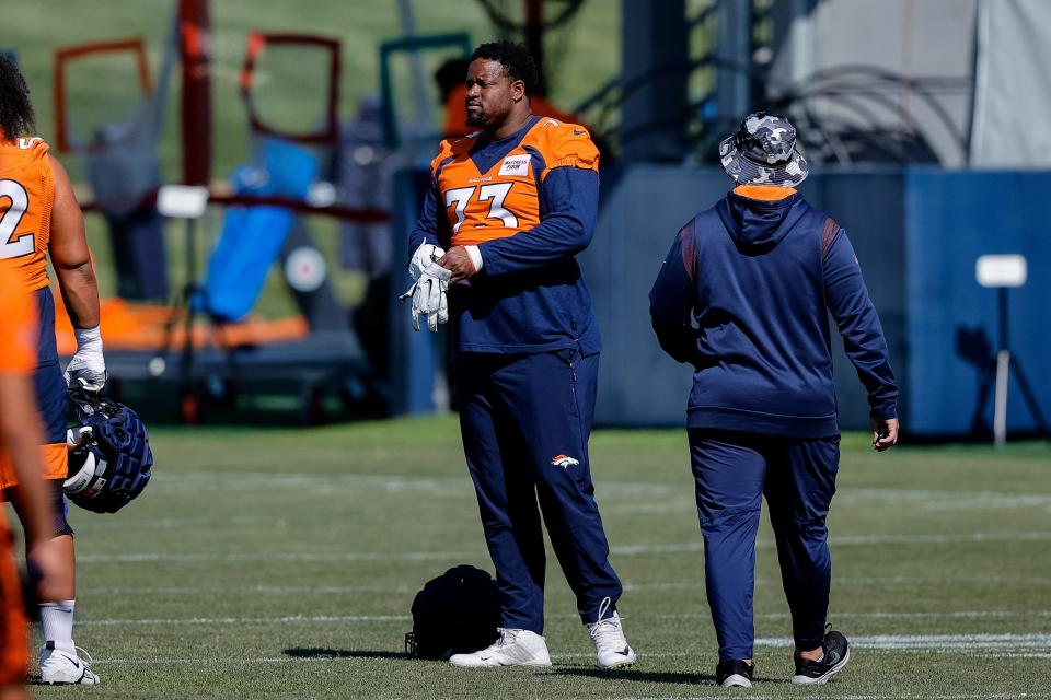 Aug 5, 2022; Englewood, CO, USA; Denver Broncos tackle Cameron Fleming (73) during training camp at the UCHealth Training Center. Mandatory Credit: Isaiah J. Downing-USA TODAY Sports