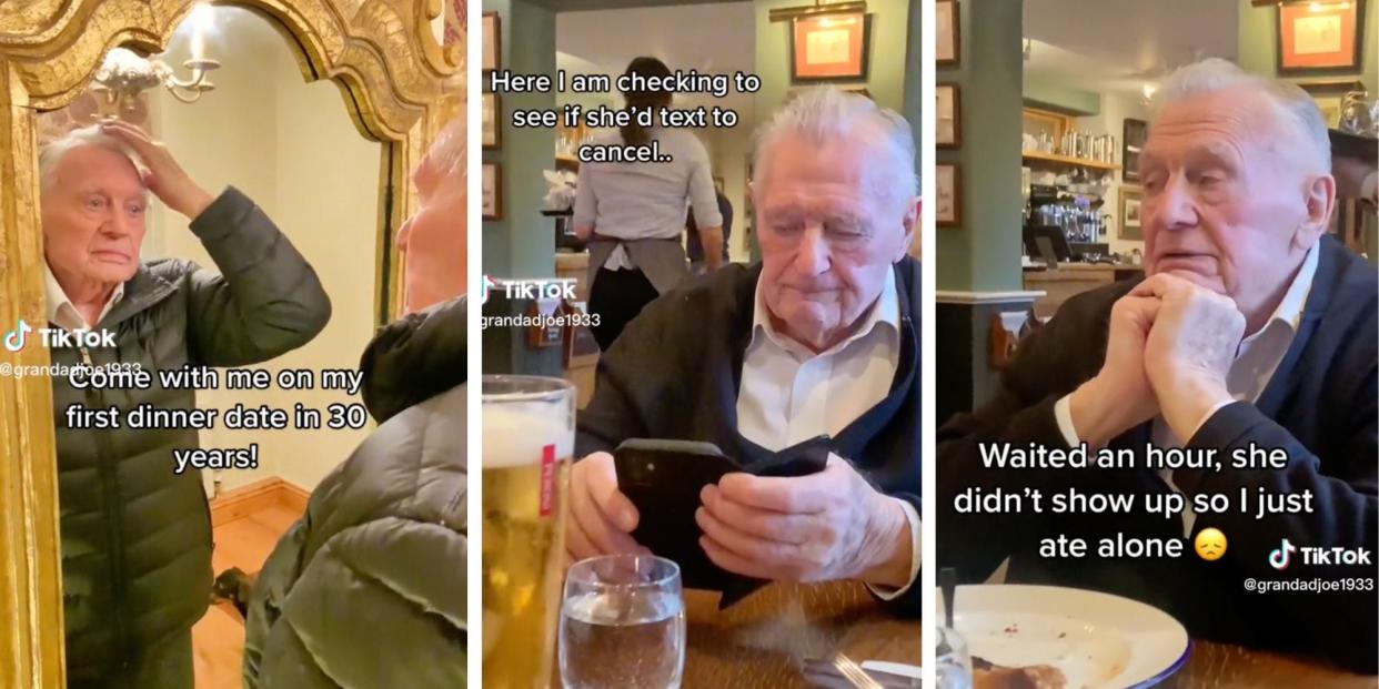 An elderly man preparing his hair in a mirror, alongside images of him sitting alone at a table.