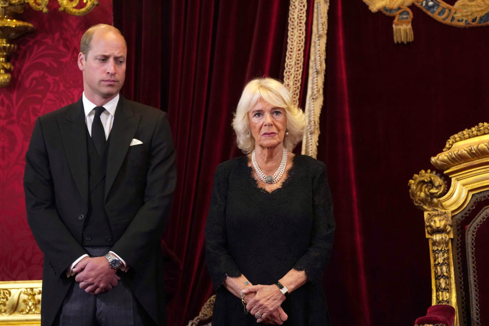 The Queen Consort was pictured wearing pearls beside the Prince of Wales at the Accession Council at St James's Palace on Saturday. (Getty Images)