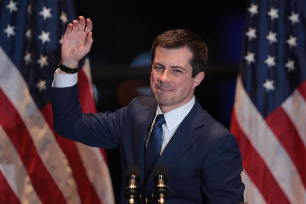 SOUTH BEND, INDIANA - MARCH 01: Former South Bend, Indiana Mayor Pete Buttigieg announces he is ending his campaign to be the Democratic nominee for president during a speech at the Century Center on March 01, 2020 in South Bend, Indiana. Buttigieg was the first openly gay candidate for president.  (Photo by Scott Olson/Getty Images)