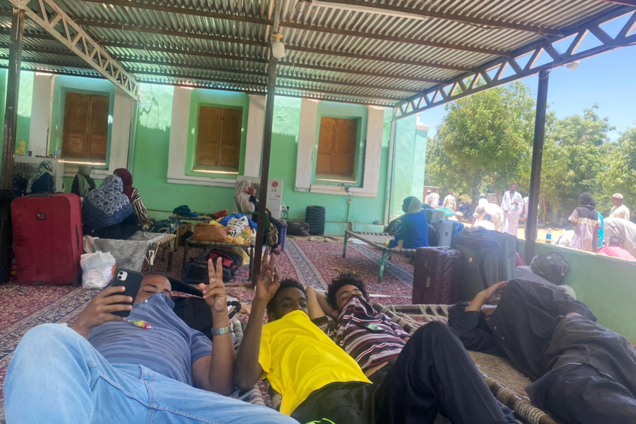 Shaheen and his friends sleeping on the Mosque floor in Wadi Halfa as they wait for visas to be processed. (Courtesuy of Shaheen Al Sharif)