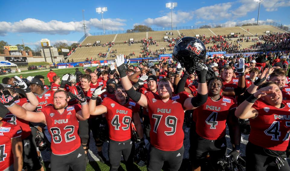 The Northern Illinois Huskies celebrate their win over the Arkansas State Red Wolves in the Camellia Bowl at Cramton Bowl in Montgomery, Ala., on Saturday December 23, 2023.