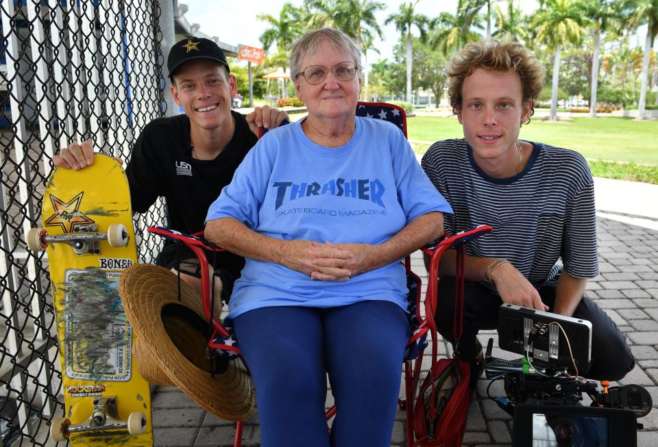 U.S. Olympic skateboarder Jake Ilardi, left, his twin brother and filmmaker, Nate Ilaridi, and their grandmother, Paulette Moulton.