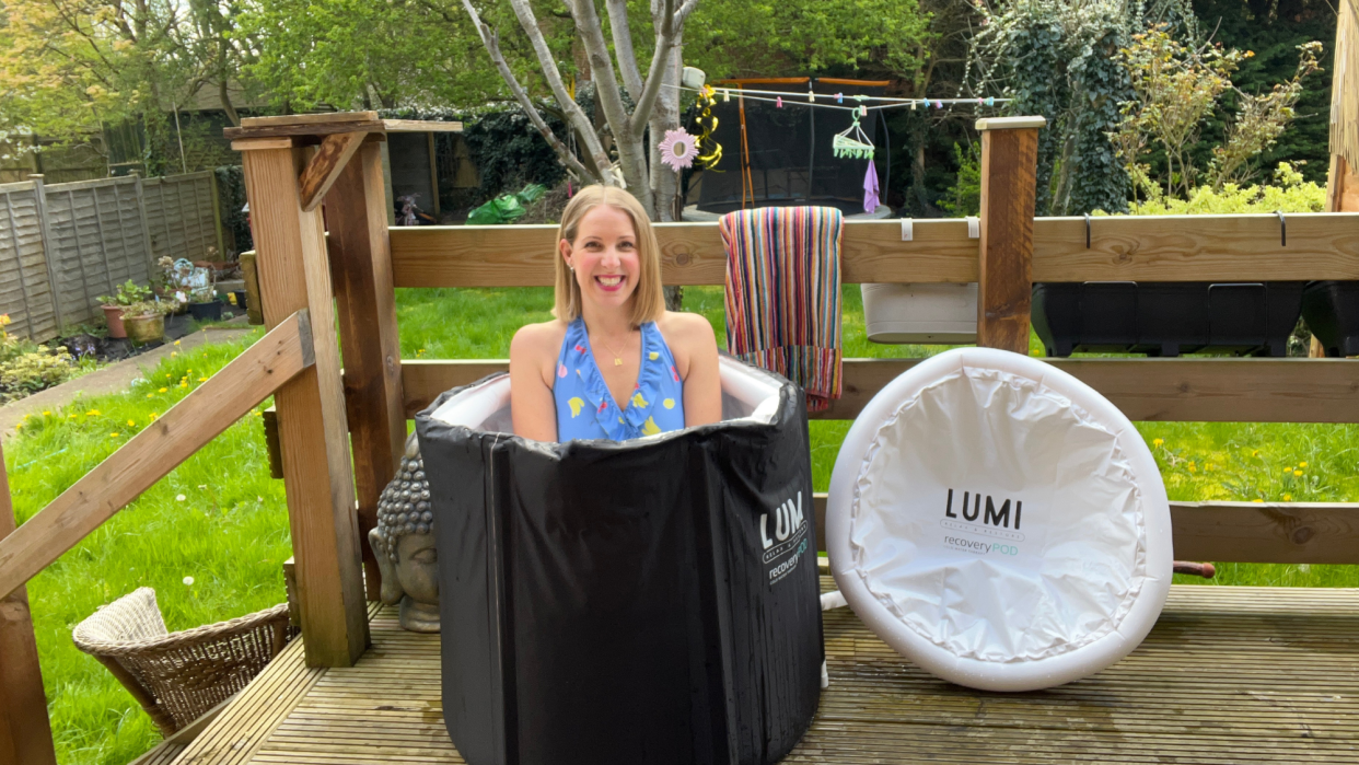  Fitness writer Maddy Biddulph in the LUMI recovery pod inflatable ice bath 