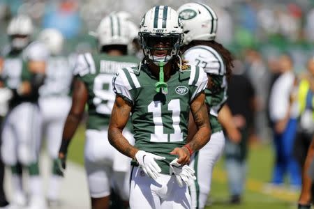 Sep 16, 2018; East Rutherford, NJ, USA; New York Jets wide receiver Robby Anderson (11) during warm ups before game against at MetLife Stadium. Mandatory Credit: Noah K. Murray-USA TODAY Sports